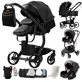 MoLi PU-Leder Kinderwagen 3 in 1, Kinderwagen mit Umkehrbarem Doppelschiebemodus, Buggy Bequemer Babywanne, Kombikinderwagen 3 in 1 Rahmen Aluminiumlegierung Faltbar Hohe Landschaft (L518 All Black)