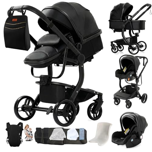 MoLi Cuir PU Poussette 3 en 1, Poussette Bebe avec Mode Double Poussée Réversible, Pousette 3 en 1 avec Nacelle Grande, Poussettes Trio Cadre Alliage d'aluminium Pliable Haut Paysage (L518 All Black)