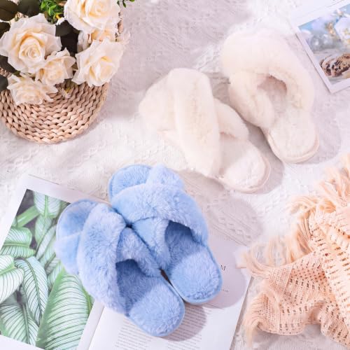 Image of 12 Pairs Women's Fuzzy Slippers Cross Band Open Toe Bridesmaid Fluffy Comfy House Slippers for Indoor Outdoor Wedding
