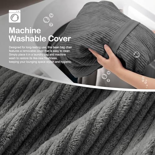 Image of 5FT Bean Bag Chair 5'Giant Bean Bag Chairs with Adults, Large Beanbag Chair | Bean bag Lounger with Machine Washable Cover Corduroy Fabric, Comfy Chairs for Living Room Bedroom Dorm, Darkgrey