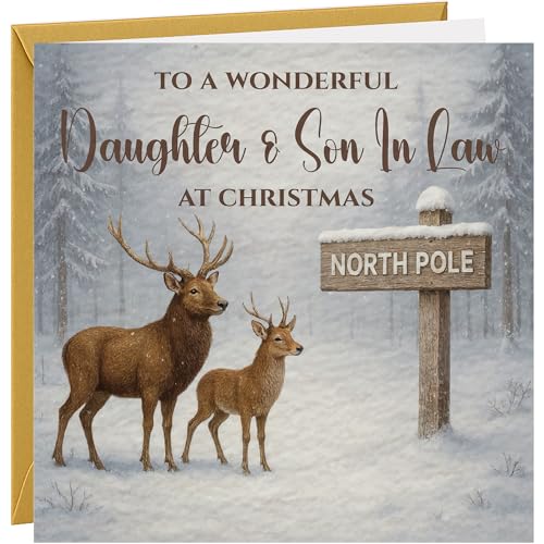 Christmas Card For Daughter & Son In Law Hammered Card Xmas Greetings Card Beautiful Snow Scene Stag Reindeer Design