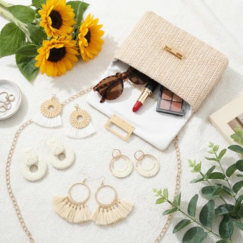 Image of Dansydaisy 5 Pack Striped Straw Clutch Purse Crossbody Vacation Handbag Woven Rattan Dangle Earrings for Women(Creamy White,Square Buckle)