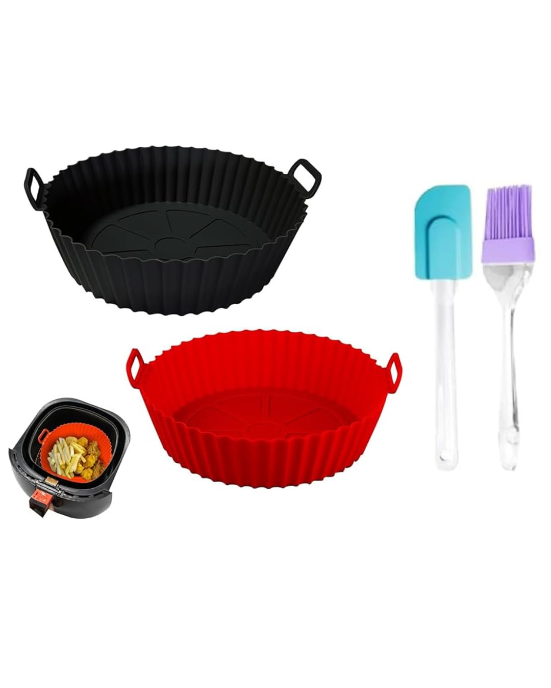 Black and Red Round Silicone Air Fryer Tray with Ear Handles | Nonstick & Heat Resistant + Oil Brush & Spatula-image-2