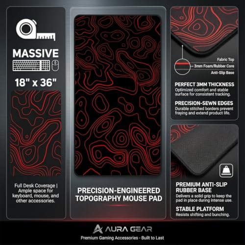 Image of Extended Desk Mat 458 x 915 mm | Premium Abstract Desk Mat with Stitched Edges | 3mm Thick Non-Slip Desk Pad for Gaming, Office & Workstation (Black-Red Topography Abstract)