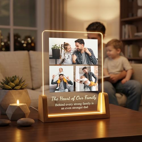 Image of Giftplease Personalized Fathers Day Rectangular Acrylic Wood Tabletop Photo Frame | Custom Picture Layout Warm Led Light Base Desktop Night Decor Standee for Dad Papa Husband Stepdad Grandfather