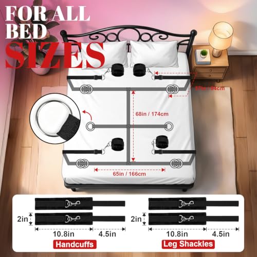 Image of Sex Bondage BDSM Kit Bed Restraints Set, Super Easy Install Straps | Discreet Hidden Under Mattress, Extra Long Handcuffs & Ankle Cuff, for Adults Women Couples, Queen & King Size