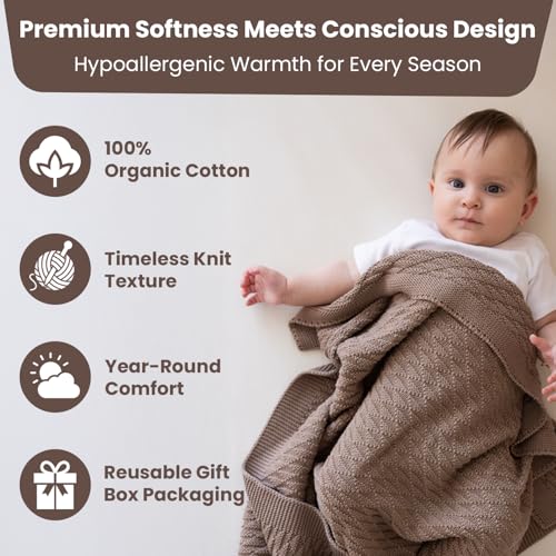 Image of Nora Organic Cotton Baby Blanket 30x40 in, Mocha - GOTS Certified, Soft Knit Swaddle for Newborns, Crib & Stroller, Machine Washable