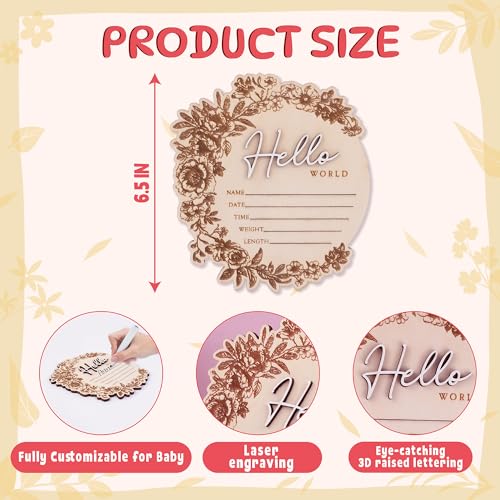 Image of Baby Name Announcement Sign - Floral Wooden Hello World Plaque for Newborn Photo Prop