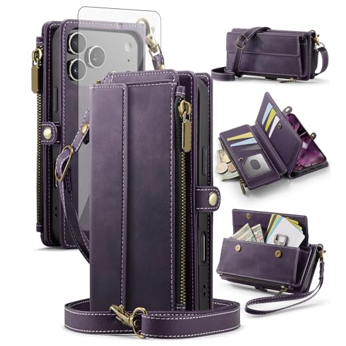Phone Case for iPhone 17 Pro Max 6.9 inch Zipper Wallet Cover with Screen Protector Crossbody Lanyard Strap Flip RFID Blocking Card Holder Cell i Phone17 17Pro i17 ProMax 17ProMax Women Men Purple