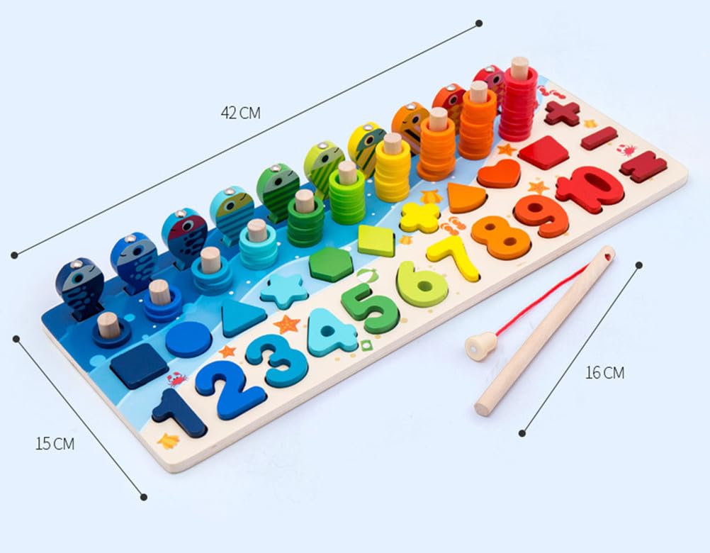 Tabellone Montessori in Legno 5 in 1 per Il conteggio, Gioco di Pesca con Forme di Numeri e Anelli impilabili
