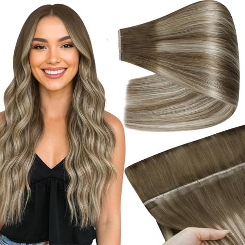 Image of Full Shine Butterfly Weft Hair Extensions 18 Inch 100G Chestnut Blonde | Chestnut Brown to Platinum Blonde Highlight, Double Genius Weft, Wedding Date Night Style, Volume Solution
