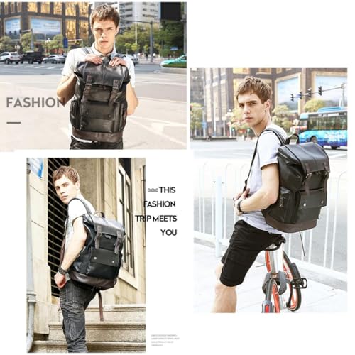 Image of CHAO RAN Vintage Leather Laptop Backpack For Men, Men Black Leather Backpack