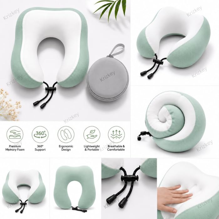 Image of Memory Foam Travel Neck Pillow with Portable Storage Case | Soft U-Shaped Neck Support Cushion for Airplane, Car, Train & Office | Lightweight Ergonomic Travel Pillow (Green)