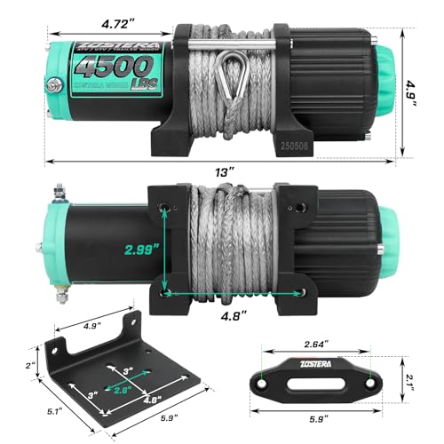 Image of 4500lbs ATV /UTV Winch with Synthetic Rope, Electric Boat Trailer Winch 12V, Waterproof Winch with 2 Wireless Remotes &Wired Switch,with Mounting Plate,Aluminium Fairlead