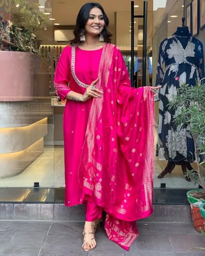 Image of Yashika Women's Silk Blend Jacquard Kurta and Pant with Dupatta Set and Khatali Work Suitable For Every Indian Occasion