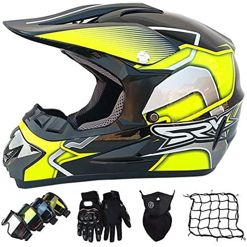 Casco de Motocross para Hombre, Casco Descenso Niños y Adultos – Casco de Moto Cross Set con Gafas Máscara Guantes Red De Casco, Casco Integral para Bicicleta de Montaña, Scooter MX Quad Enduro ATV