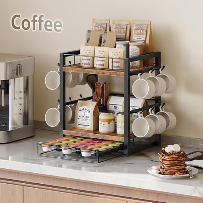 HOOBRO Coffee Mug Cup Holder,Tree Bar Station Organizer for Countertop,12 Hooks Mug Stand Rack with Sliding Drawer for 30 K-Cup Pods, 2 Tier Mug Display Stand, Rustic Brown and Black BF11TL01