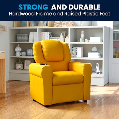 Image of Flash Furniture Vana Vinyl Kids Recliner with Cup Holder, Headrest, and Safety Recline, Contemporary Reclining Chair for Kids, Supports up to 90 lbs., Yellow