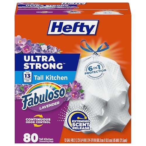 Hefty Ultra Strong 13 Gallon Trash Bags, Tall Kitchen Trash Bags 13 Gallon Size, Resist Leaks, Punctures, and Rips, Continuous Odor Control, White, Fabuloso Lavender Scent, 80 Bags