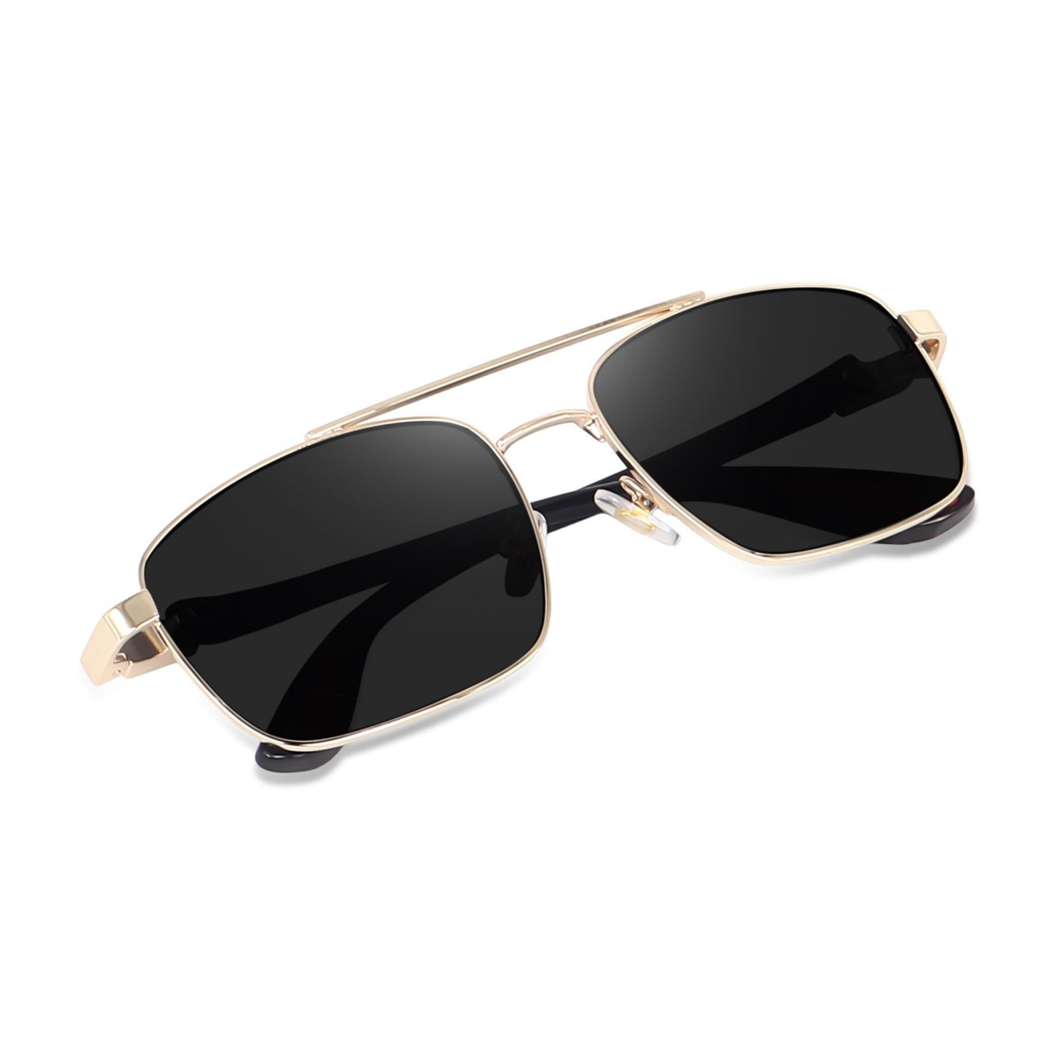 Square Aviator Sunglasses, Silver Metal Frame, Grey Lens, Red Temple Tips, Double Bridge (RED BLACK GOLD)-image-43