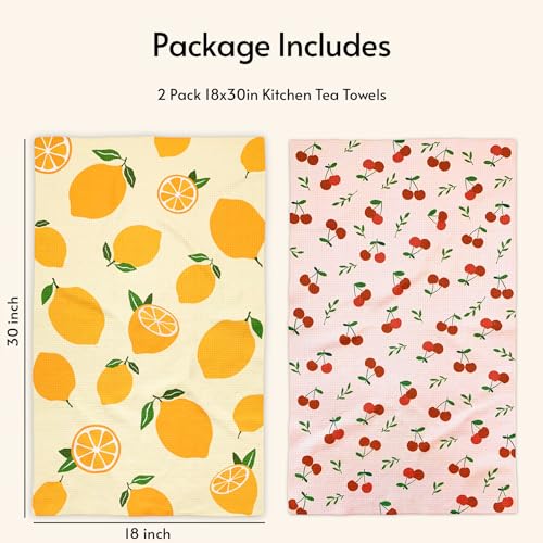 Image of Eulnars Kitchen Towels, 18 inch x 30 inch Dish Towels, Microfiber Tea Towels for Kitchen Drying, Superior Absorbency, Lemon Cherry Series, 2-Pack