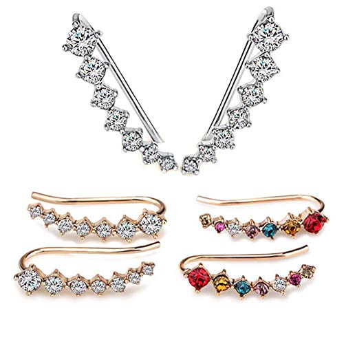 3Pairs Ear Crawler Orecchini 7 Crystal Ear Cuffs Hoops Orecchino rampicante Orecchini con diamanti in argento Orecchini ipoallergenici Ear Climber Giacche Orecchino