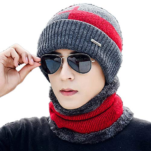 2-Pieces Beanie Hat Scarf Set Winter Warm Fleece Lined Skull Cap and Scarf for Men Women (Red)
