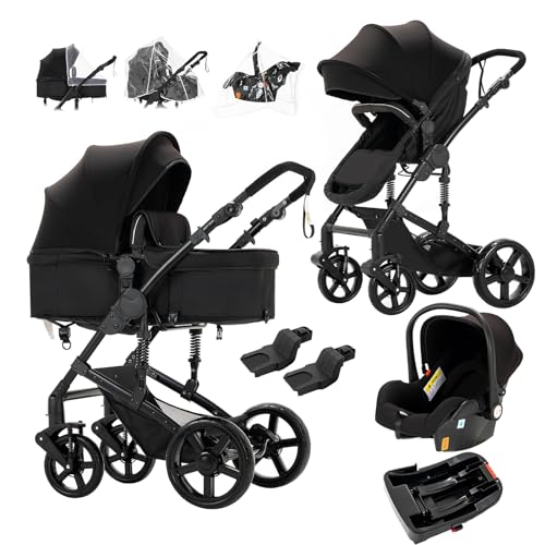 Image of 3 in 1 Baby Travel System, Reversible Baby Stroller, Pushchair Luxury Baby High Landscape Pram, Portable Standard Pram Buggy, Foldable Baby Carriage for Newborn Toddler (UD588-Black with Base)