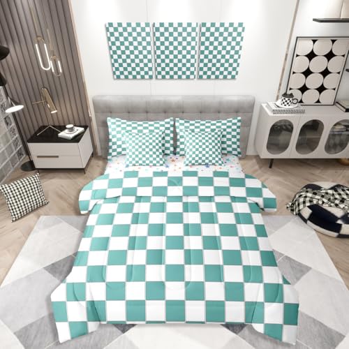 Image of Erosebridal Girls Teal Bedding Set King Turquoise Checkered Comforter Set with Sheets 7 Piece for Kids Teen Women,Geometric Grids Plaid Bed in A Bag Bedroom Decor,Gingham Bed Sets