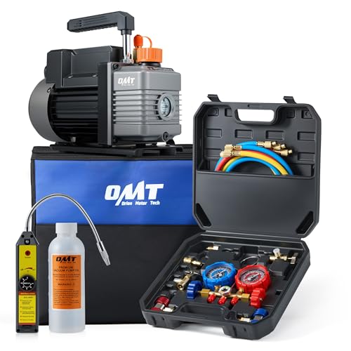 Orion Motor Tech AC Vacuum Pump and Gauge Set, 1/3 hp 4 cfm Vacuum Pump Manifold Gauge Kit with Leak Detector 3 Hoses & Accessories for R134a R12 R22 R502, A/C Vacuum Pump Kit for Auto HVAC Systems