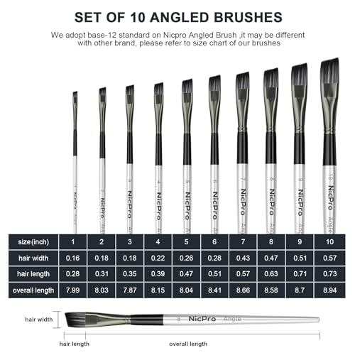 Image of Nicpro 10 PCS Angular Paint Brush Set, Nylon Hair Angled Paint Brushes for Acrylic, Watercolor, Oil, Gouache, Craft, Detail Face Body Art Painting, Base Coating, Artist Paintbrush Kit for Kid & Adult