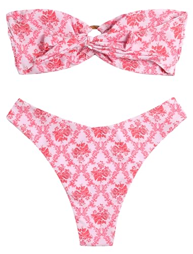 Image of ZAFUL Women's Bandeau Bikini O Ring Strapless Tie Back High Cut Two Piece Swimsuit Bathing Suits