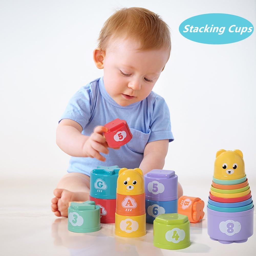 ELLECK Babyspielzeug 6-12 Monate, Montessori Spielzeug für Kleinkinder von 1 bis 3 Jahren, Badespielzeug aus belegtem Eimer, stapelbare 6-in-1-Ringe, Drehspielzeug mit