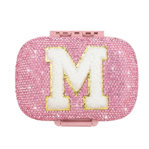 Image of Cute Pill Organizer Small Bling Pill Case for Purse Medicine Vitamin Container Holder Daily Pill Box Container for Women Travel Medicine Kit(Letter M Pink)