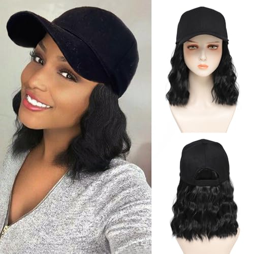 AliRobam Synthetic Wig Hat with Natural Wave hair Extensions attached for woman Baseball cap wig curly wavy Hairstyle Adjustable black Hat Wig (Black, 14inch)