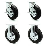 8' Pneumatic Caster Set of 4-2 Swivel with Brakes/2 Rigid - Black Rubber Wheel - 1,200 lbs. Capacity...
