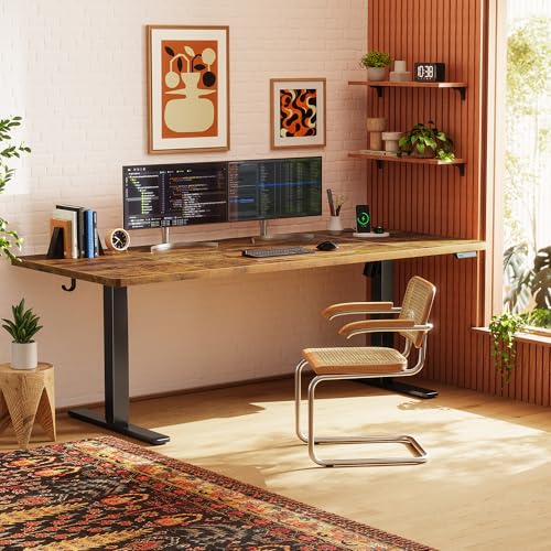 Image of Huuger 71 X 30 Inch Electric Standing Desk with Power Outlets and USB-C Port, Height Adjustable Desk, Sit Stand Desk for Home Office, Computer Desk with 4 Presets, Stable Steel Frame, Rustic Brown