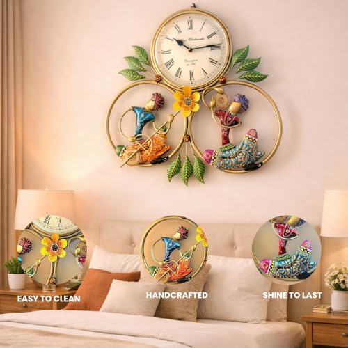 Image of SETHI AESTHETIC Metal Wall Clock with Decorative Traditional Rajasthani Musician Men, 46x46 cm, Living Room Decor with Floral Accents| Fancy Clock for Living Room or Drawing Room|