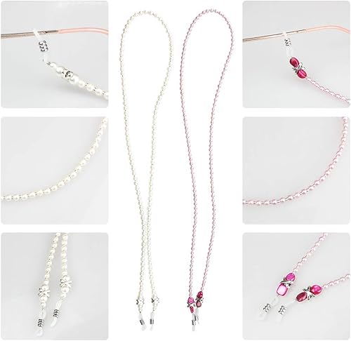 Miniatura 4 de Tomorotec Paquete de 2 Correa de soporte para lentes de perla, retenedor de gafas, collar de cadena con cuentas rosas de alta calidad, cordón para