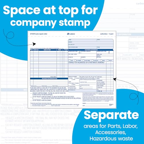 image for Adams Auto Repair Order Forms, 8.5 x 7.44 Inch, 3-Part, Carbonless, 50