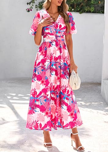 Image of PRETTYGARDEN Womes Boho Maxi Dresses 2026 Summer Spring V Neck Puff Sleeve Empire Waist A Line Flowy Long Beach Floral Dress