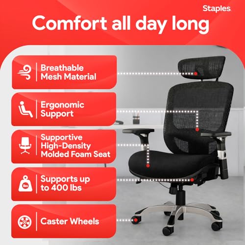 Image of STAPLES Hyken Ergonomic Office Chair Adjustable Lumbar Support with Breathable Mesh, Swivel Desk Chair for Home Office, Black (XL)