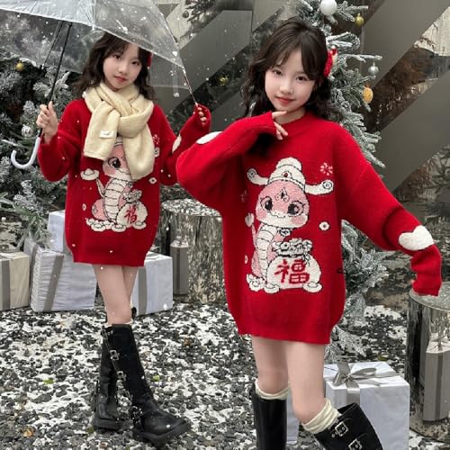 Chinese New Year 2025 snake year girl's sweater autumn winter red festive round neck top3