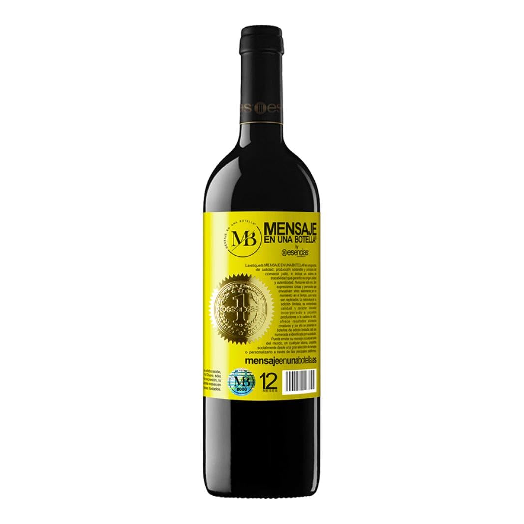 «La vida está hecha para buenos amigos y grandes vinos» Mensaje en una Botella. Vino Tinto Premium Reserva 12 Meses + Gift Box. Etiqueta Amarilla PERSONALIZABLE