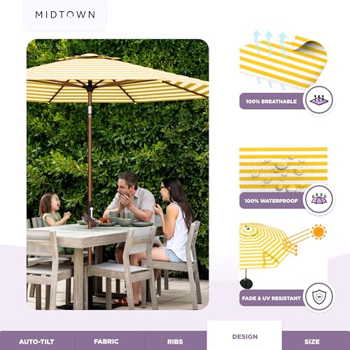 Image of Midtown Umbrellas Wooden 2-8 Ft Patio Umbrella, Sunny Stripes Canopy