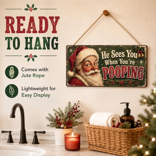 Image of Christmas Decorations - He Sees You When You're Pooping Funny Santa Sign