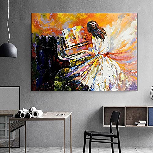 Impression fille jouer du piano pour décorer un grand mur de salon vide