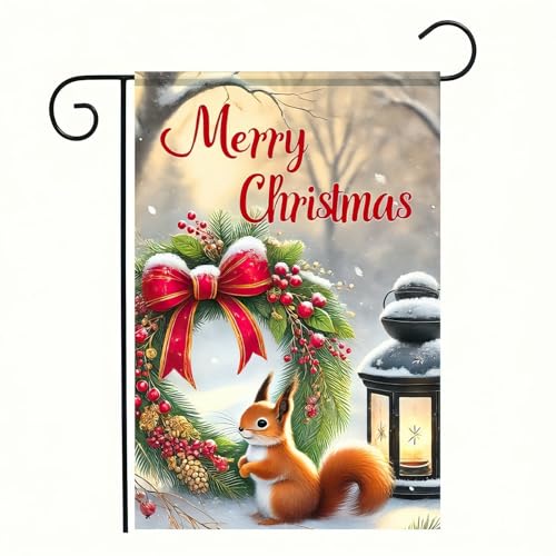 Image of BlissYard Christmas Squirrel Garden Flag 12x18 Inch Winter Forest Scene with Festive Greenery Ring Red Bow Snowy Landscape Holiday Outdoor Yard Banner for Home Lawn Patio Seasonal Welcome Decor