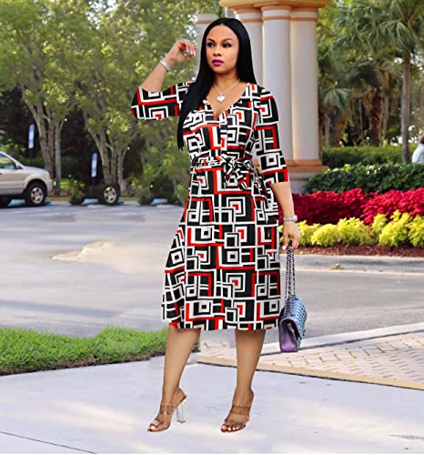 Image of Womens Plus Size Summer Dresses Sexy V Neck Midi Dress Faux Wrap Dress 3 /4 Sleeve Boho Casual Floral A-Line Skirts