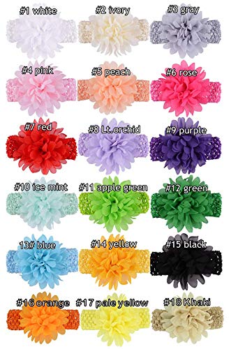 Girl Baby Headbands with Chiffon Lotus Flower Elastic Crochet Hair Bands Ankle Wrist Flower Hat Decoration (Band: 1.6"×5.5", with Chiffon Flowe, 18 colors, 1 pcs per color) - Image 3